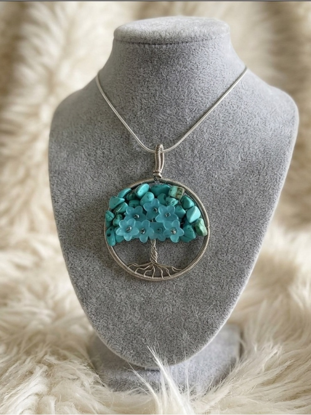 Turquoise tree of life and flower pendant and necklace
